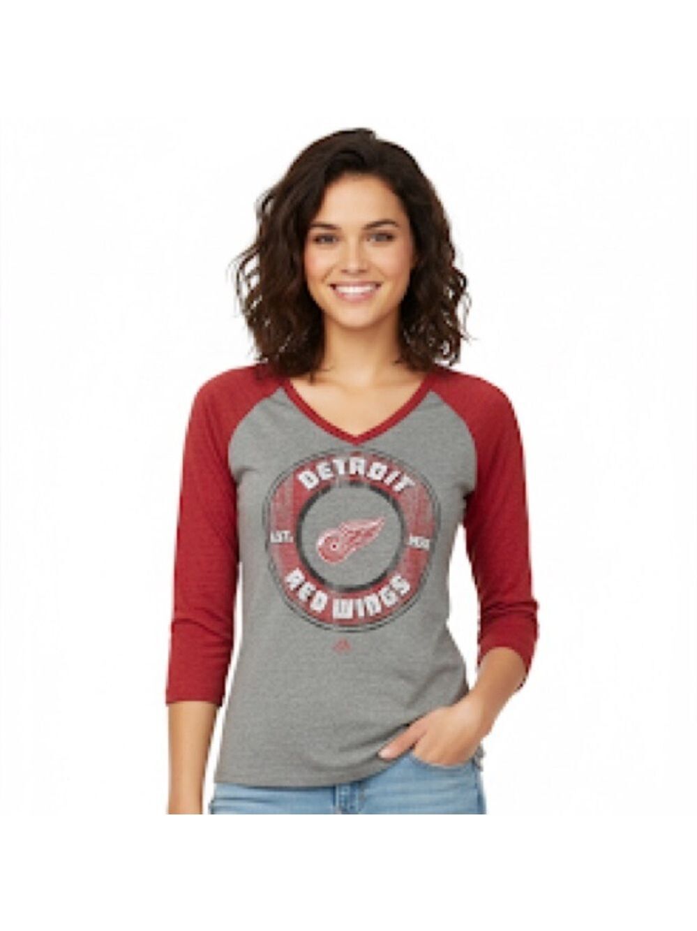 Detroit Red Wings Majestic NHL Women’s Tee Size S Gray Red V-Neck